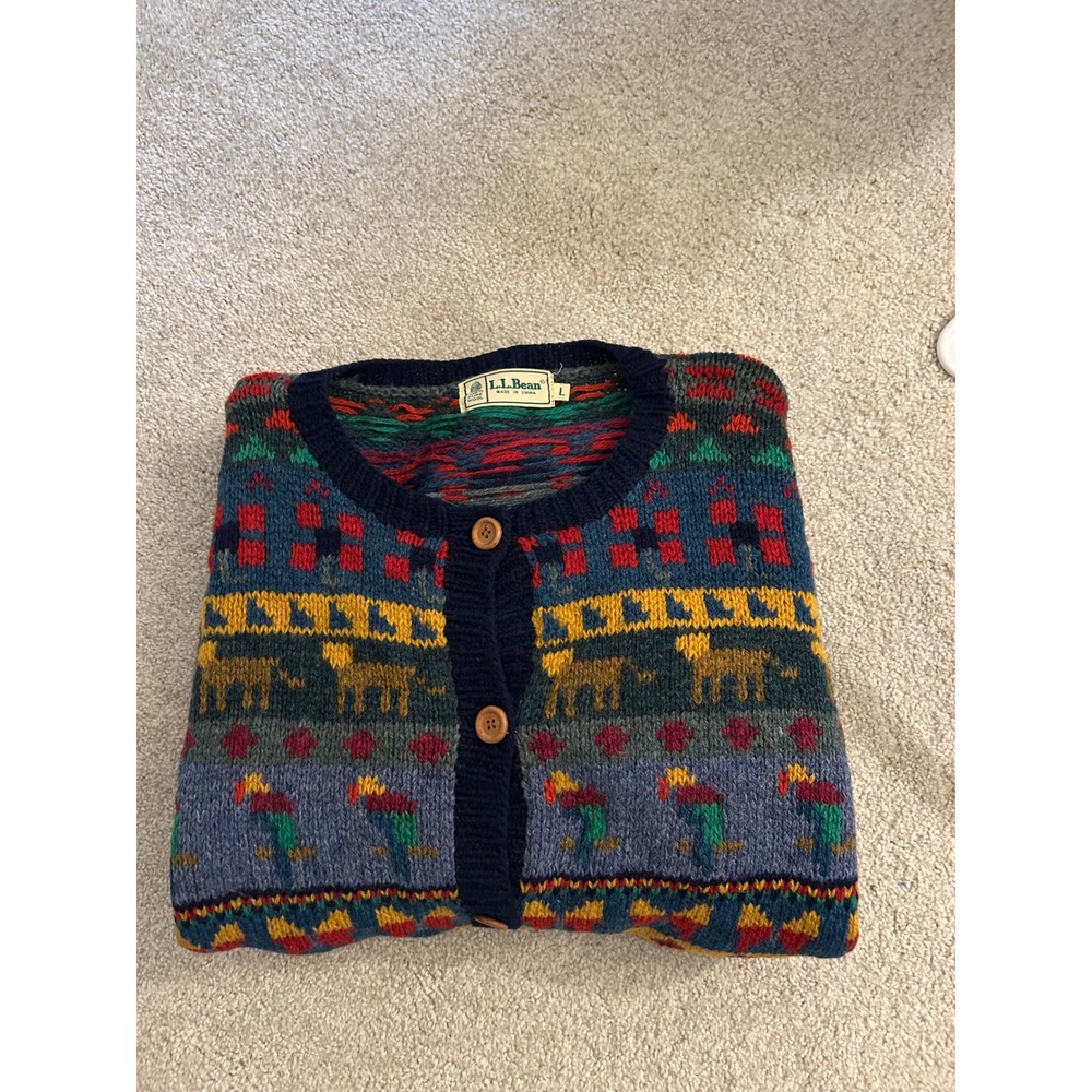 LL Bean Vintage 100% Pure Wool Animal Fair Isle Cardigan Sweater Navy Large L